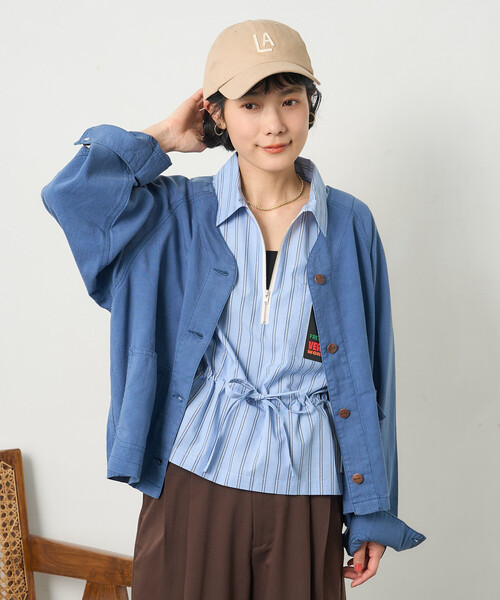 FREAK'S STORE（フリークスストア）の「RED KAP × FREAK'S STORE/レッドキャップ 別注 リネンレーヨンノーカラーVネックジャケット＜セットアップ対応＞（ノーカラージャケット・レディース・ナチュラル/ブルー/ブラック/オリーブ・ﾌﾘ-）」の21枚目の写真