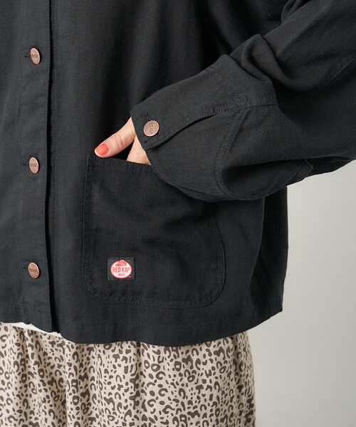 FREAK'S STORE（フリークスストア）の「RED KAP × FREAK'S STORE/レッドキャップ 別注 リネンレーヨンノーカラーVネックジャケット＜セットアップ対応＞（ノーカラージャケット・レディース・ナチュラル/ブルー/ブラック/オリーブ・ﾌﾘ-）」の6枚目の写真