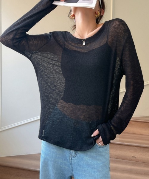Ritzy(リッツィー)の「5色展開シンプルニュアンスシアーロングスリーブトップス(Tシャツ/カットソー・レディース・イエロー/ピンク/ホワイト/グレー/ブラック・L/M)」の2枚目の写真