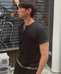DNSR（ディーエヌエスアール）の「レイヤードヘンリーネックTシャツブラック（Tシャツ/カットソー）」