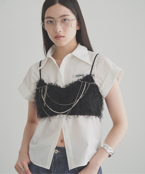 SOEMIN(ソミン)の「Cuffed short sleeve shirt/ロールアップ半袖シャツ(シャツ/ブラウス・レディース・ブラック/ベージュ/ホワイト・FREE)」の1枚目の写真