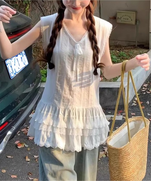 AsheKsha(アシクシャ)の「レースレース付きノースリーブトップス(タンクトップ・レディース・ホワイト・M)」の6枚目の写真