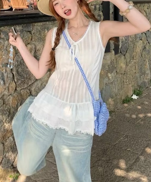 AsheKsha(アシクシャ)の「レースレース付きノースリーブトップス(タンクトップ・レディース・ホワイト・M)」の8枚目の写真