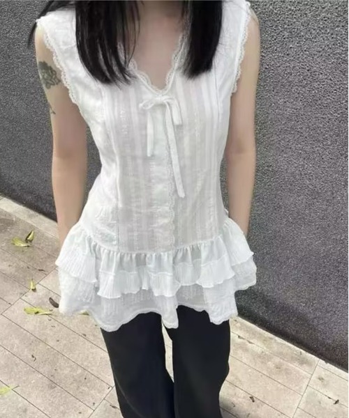AsheKsha(アシクシャ)の「レースレース付きノースリーブトップス(タンクトップ・レディース・ホワイト・M)」の11枚目の写真