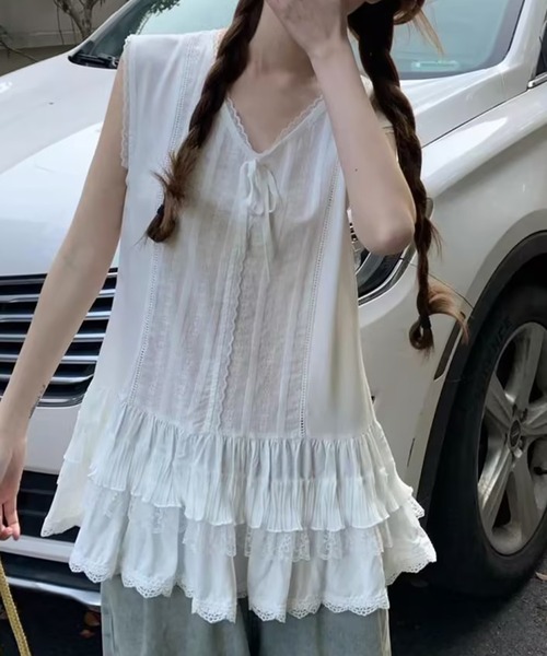 AsheKsha(アシクシャ)の「レースレース付きノースリーブトップス(タンクトップ・レディース・ホワイト・M)」の14枚目の写真