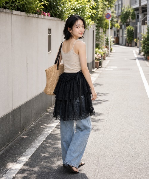 KONVINI(コンビニ)の「【KONVINI select】レースラップスカート レディース レイヤードスカート 重ね着 バレエコア シアー 韓国ファッション(スカート・レディース・ホワイト/ブラック・FREE)」の7枚目の写真