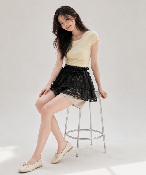 KONVINI(コンビニ)の「【KONVINI select】レースラップスカート レディース レイヤードスカート 重ね着 バレエコア シアー 韓国ファッション(スカート・レディース・ホワイト/ブラック・FREE)」の6枚目の写真