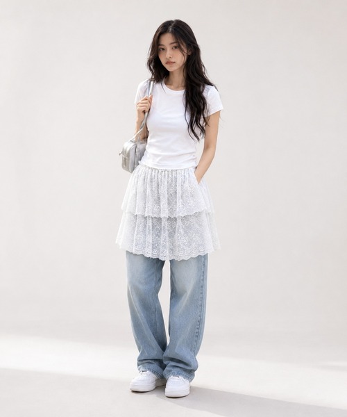 KONVINI(コンビニ)の「【KONVINI select】レースラップスカート レディース レイヤードスカート 重ね着 バレエコア シアー 韓国ファッション(スカート・レディース・ホワイト/ブラック・FREE)」の19枚目の写真