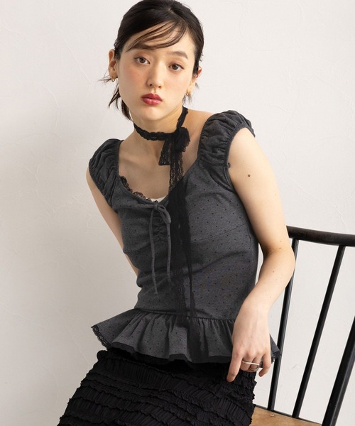 RAGEBLUE（レイジブルー）の「レースタイ付き/ドットレースペプラムトップス（Tシャツ/カットソー・レディース・ホワイト/ブラウン/グレー・FREE）」の3枚目の写真