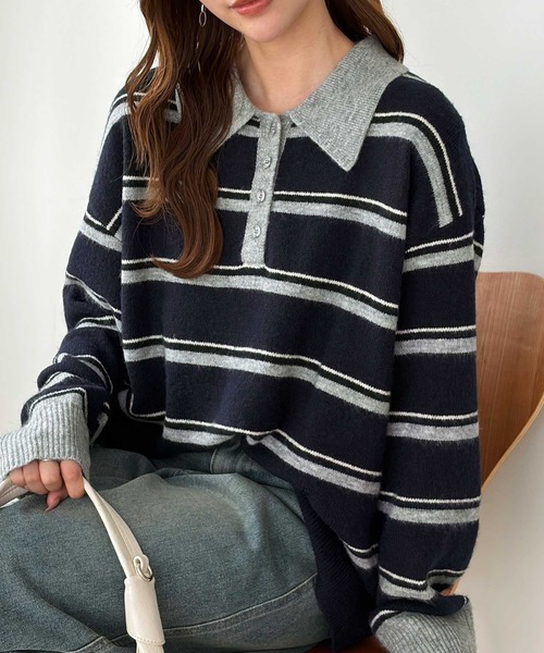 muet.(ミュエ)の「ヘンリーネックルーズボーダーニット(ニット/セーター・レディース・ネイビー/グレー・LARGE/MEDIUM)」の10枚目の写真