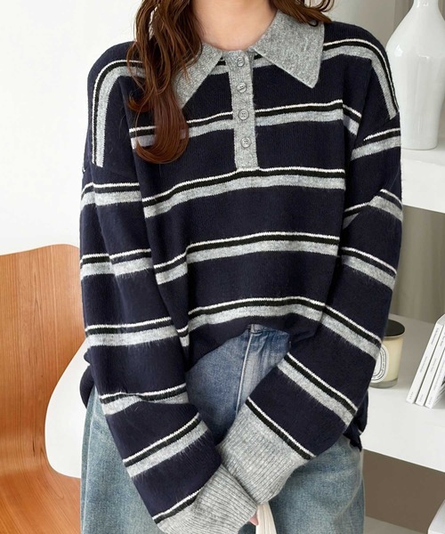 muet.(ミュエ)の「ヘンリーネックルーズボーダーニット(ニット/セーター・レディース・ネイビー/グレー・LARGE/MEDIUM)」の11枚目の写真