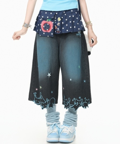 セール】【Y2Kガーリー】星＆猫刺繍配色ステッチデニムワイドハーフ