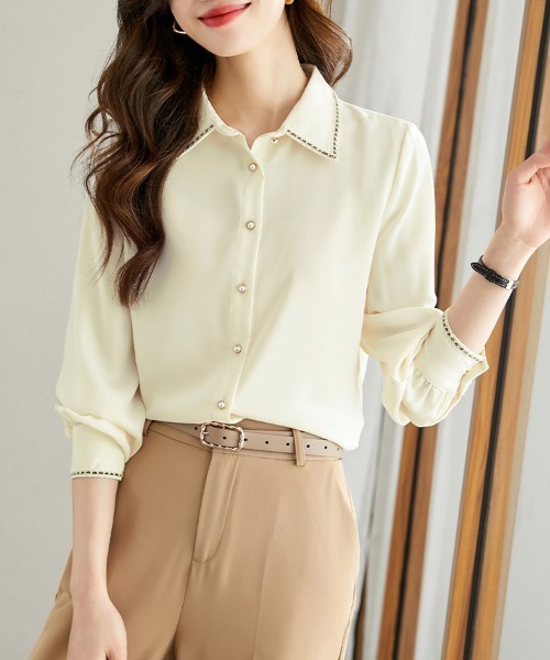 ONEP STAR(ワンピスター)の「ステッチ襟長袖シャツブラウス(シャツ/ブラウス・レディース・ベージュ・MEDIUM/X-LARGE/LARGE)」の2枚目の写真