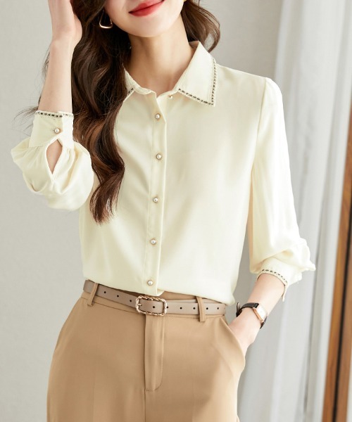 ONEP STAR(ワンピスター)の「ステッチ襟長袖シャツブラウス(シャツ/ブラウス・レディース・ベージュ・MEDIUM/X-LARGE/LARGE)」の3枚目の写真