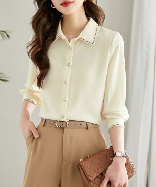 ONEP STAR(ワンピスター)の「ステッチ襟長袖シャツブラウス(シャツ/ブラウス・レディース・ベージュ・MEDIUM/X-LARGE/LARGE)」の4枚目の写真
