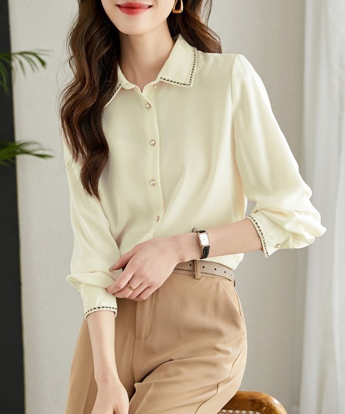 ONEP STAR(ワンピスター)の「ステッチ襟長袖シャツブラウス(シャツ/ブラウス・レディース・ベージュ・MEDIUM/X-LARGE/LARGE)」の5枚目の写真