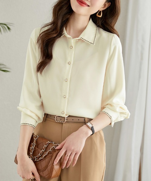 ONEP STAR(ワンピスター)の「ステッチ襟長袖シャツブラウス(シャツ/ブラウス・レディース・ベージュ・MEDIUM/X-LARGE/LARGE)」の8枚目の写真