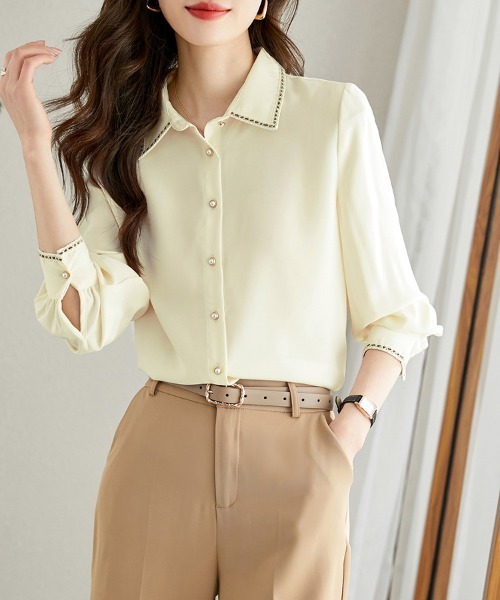 ONEP STAR(ワンピスター)の「ステッチ襟長袖シャツブラウス(シャツ/ブラウス・レディース・ベージュ・MEDIUM/X-LARGE/LARGE)」の9枚目の写真