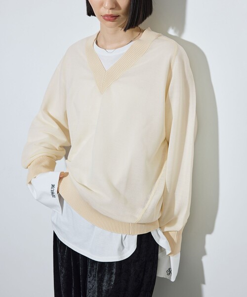 ADAM ET ROPE'（アダムエロペ）の「【サステナブル】ハイツイストウールコンビVニット（ニット/セーター・レディース・ブラック/マスタード/オフホワイト・FREE）」の2枚目の写真