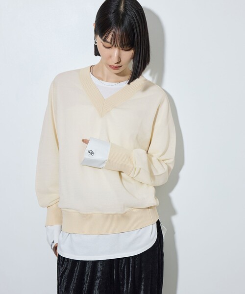 ADAM ET ROPE'（アダムエロペ）の「【サステナブル】ハイツイストウールコンビVニット（ニット/セーター・レディース・ブラック/マスタード/オフホワイト・FREE）」の13枚目の写真