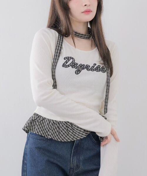 ems excite(エムズエキサイト)の「タイ付きパッチワークカットソー(Tシャツ/カットソー・レディース・ダークブルー/ライトグレー/ナチュラル・FREE)」の3枚目の写真