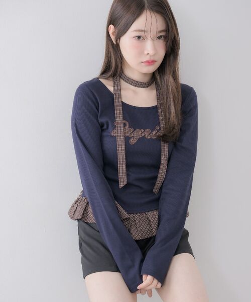 ems excite(エムズエキサイト)の「タイ付きパッチワークカットソー(Tシャツ/カットソー・レディース・ダークブルー/ライトグレー/ナチュラル・FREE)」の1枚目の写真