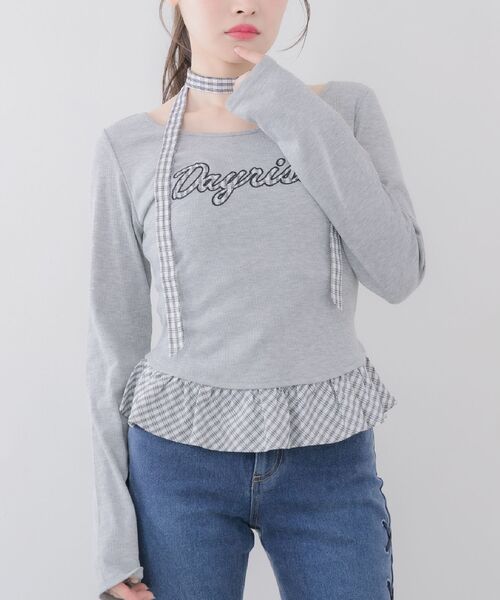 ems excite(エムズエキサイト)の「タイ付きパッチワークカットソー(Tシャツ/カットソー・レディース・ダークブルー/ライトグレー/ナチュラル・FREE)」の2枚目の写真