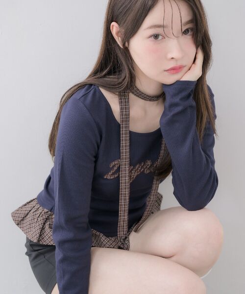 ems excite(エムズエキサイト)の「タイ付きパッチワークカットソー(Tシャツ/カットソー・レディース・ダークブルー/ライトグレー/ナチュラル・FREE)」の5枚目の写真