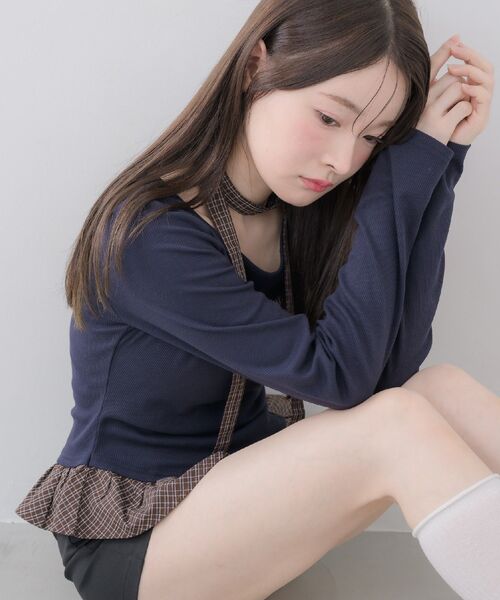 ems excite(エムズエキサイト)の「タイ付きパッチワークカットソー(Tシャツ/カットソー・レディース・ダークブルー/ライトグレー/ナチュラル・FREE)」の6枚目の写真