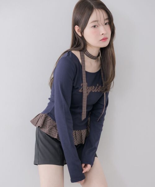 ems excite(エムズエキサイト)の「タイ付きパッチワークカットソー(Tシャツ/カットソー・レディース・ダークブルー/ライトグレー/ナチュラル・FREE)」の7枚目の写真