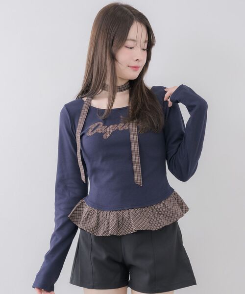 ems excite(エムズエキサイト)の「タイ付きパッチワークカットソー(Tシャツ/カットソー・レディース・ダークブルー/ライトグレー/ナチュラル・FREE)」の10枚目の写真
