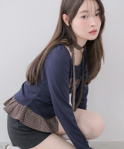 ems excite(エムズエキサイト)の「タイ付きパッチワークカットソー(Tシャツ/カットソー・レディース・ダークブルー/ライトグレー/ナチュラル・FREE)」の12枚目の写真