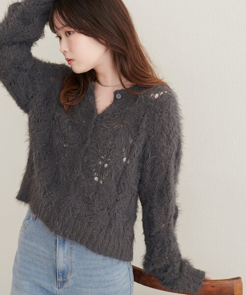 natural couture（ナチュラルクチュール）の「フェザー透かし編みカーディガン（カーディガン/ボレロ・レディース・ピンク/チャコールグレー/ブラウン/アイボリー・FREE）」の15枚目の写真