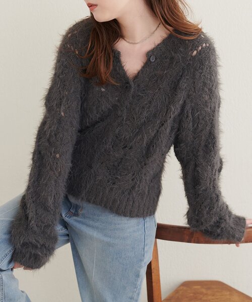 natural couture（ナチュラルクチュール）の「フェザー透かし編みカーディガン（カーディガン/ボレロ・レディース・ピンク/チャコールグレー/ブラウン/アイボリー・FREE）」の16枚目の写真
