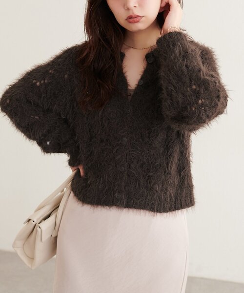 natural couture（ナチュラルクチュール）の「フェザー透かし編みカーディガン（カーディガン/ボレロ・レディース・ピンク/チャコールグレー/ブラウン/アイボリー・FREE）」の21枚目の写真