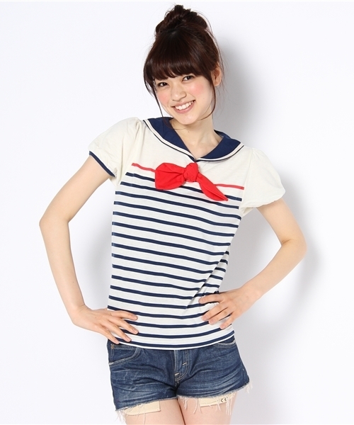 WEGO(ウィゴー)の「セーラーカラーボーダーTシャツ(Tシャツ/カットソー・レディース・オフホワイト/ネイビー/レッド・FREE)」の1枚目の写真