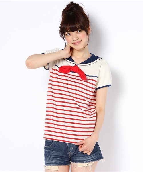 WEGO(ウィゴー)の「セーラーカラーボーダーTシャツ(Tシャツ/カットソー・レディース・オフホワイト/ネイビー/レッド・FREE)」の3枚目の写真