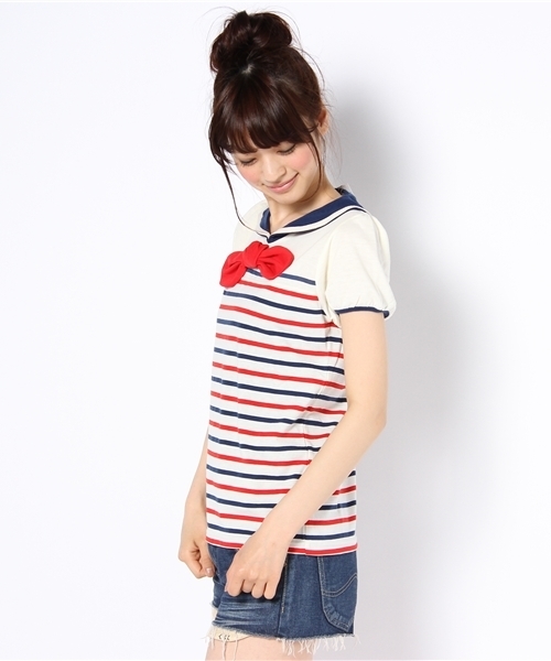 WEGO(ウィゴー)の「セーラーカラーボーダーTシャツ(Tシャツ/カットソー・レディース・オフホワイト/ネイビー/レッド・FREE)」の4枚目の写真