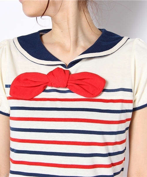 WEGO(ウィゴー)の「セーラーカラーボーダーTシャツ(Tシャツ/カットソー・レディース・オフホワイト/ネイビー/レッド・FREE)」の6枚目の写真