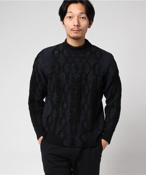 WRAPINKNOT（ラッピンノット）の「ボトルネックエレガントケーブルニット（ニット/セーター・メンズ・ネイビー/ライトグレー/ブラウン・2/3）」の3枚目の写真