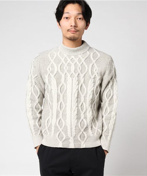 WRAPINKNOT（ラッピンノット）の「ボトルネックエレガントケーブルニット（ニット/セーター・メンズ・ネイビー/ライトグレー/ブラウン・2/3）」の2枚目の写真