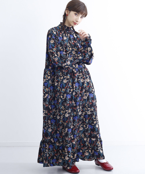 MERLOT（メルロー）の「フリルボトルネックフラワー柄ワンピース1378（ワンピース・レディース・ホワイト/ブラック/ブルーグリーン・FREE）」の3枚目の写真