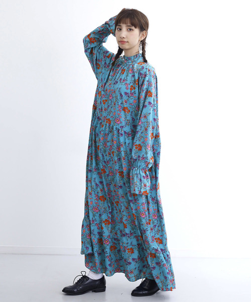 MERLOT（メルロー）の「フリルボトルネックフラワー柄ワンピース1378（ワンピース・レディース・ホワイト/ブラック/ブルーグリーン・FREE）」の14枚目の写真