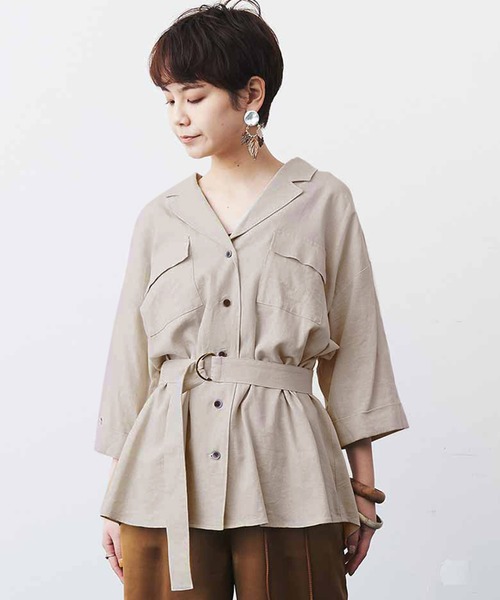 MEDE19F(メデジュウキュウ)の「MEDE19F リネン混ベルテッドジャケットシャツ(シャツ/ブラウス・レディース・ブラウン/ベージュ・MEDIUM/LARGE/X-LARGE/XX-LARGE)」の2枚目の写真