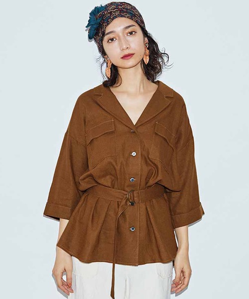 MEDE19F(メデジュウキュウ)の「MEDE19F リネン混ベルテッドジャケットシャツ(シャツ/ブラウス・レディース・ブラウン/ベージュ・MEDIUM/LARGE/X-LARGE/XX-LARGE)」の9枚目の写真