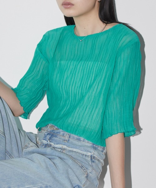 Aunt Marie's(アントマリーズ)の「【ロングセラー!】シフォン楊柳ハーフスリーブブラウス【新色追加!オフィススタイルにもおすすめ】(シャツ/ブラウス・レディース・ブラック/ブルー/ライトグリーン/ナチュラル/グリーン/ケリーグリーン/オレンジ/ロイヤルブルー/ホワイト/ネイビー/ブラウン/ミント・FREE)」の8枚目の写真