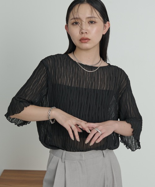 セール】【ロングセラー！】シフォン楊柳ハーフスリーブブラウス【新色