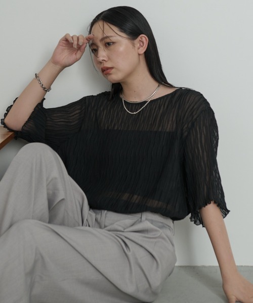 Aunt Marie's(アントマリーズ)の「【ロングセラー!】シフォン楊柳ハーフスリーブブラウス【新色追加!オフィススタイルにもおすすめ】(シャツ/ブラウス・レディース・ブラック/ブルー/ライトグリーン/ナチュラル/グリーン/ケリーグリーン/オレンジ/ロイヤルブルー/ホワイト/ネイビー/ブラウン/ミント・FREE)」の18枚目の写真