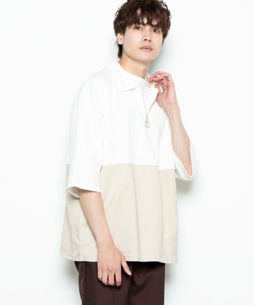WEGO(ウィゴー)の「WEGO/チェックバイカラーハーフジップ半袖プルオーバー(Tシャツ/カットソー・メンズ・ブラック/ホワイト/ベージュ・MEDIUM/LARGE)」の2枚目の写真