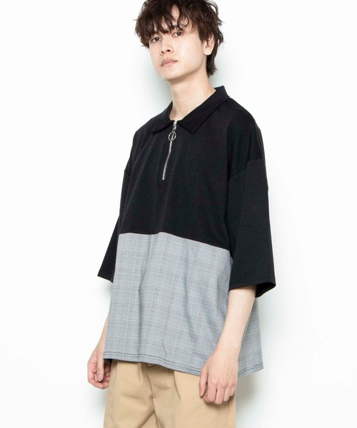 WEGO(ウィゴー)の「WEGO/チェックバイカラーハーフジップ半袖プルオーバー(Tシャツ/カットソー・メンズ・ブラック/ホワイト/ベージュ・MEDIUM/LARGE)」の3枚目の写真